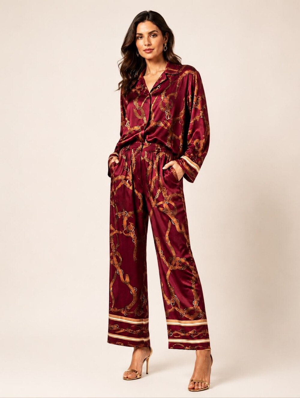 Made In Italy Rayon Viscose Silky Burgundy Chain-Print Wide-Leg Pants Set